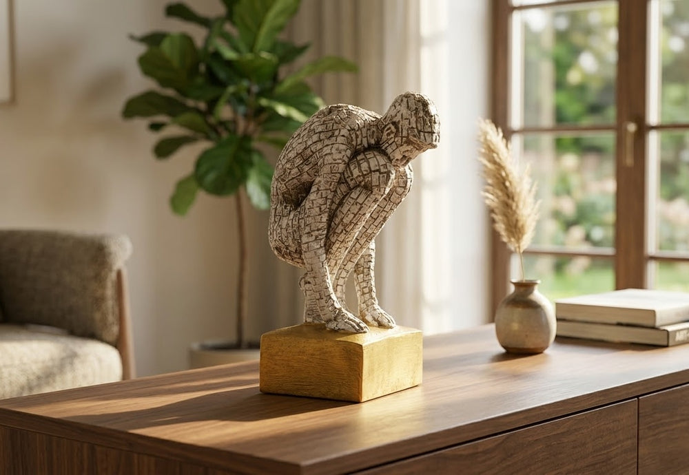 Quiet Strength mosaic figure sculpture styled on a wooden console