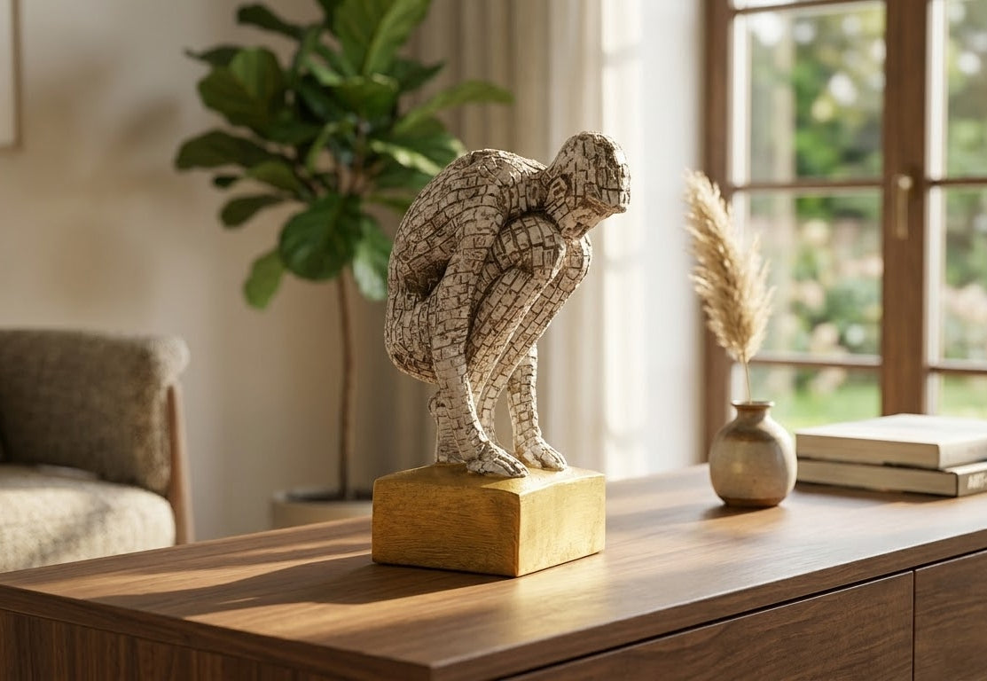Quiet Strength mosaic figure sculpture styled on a wooden console