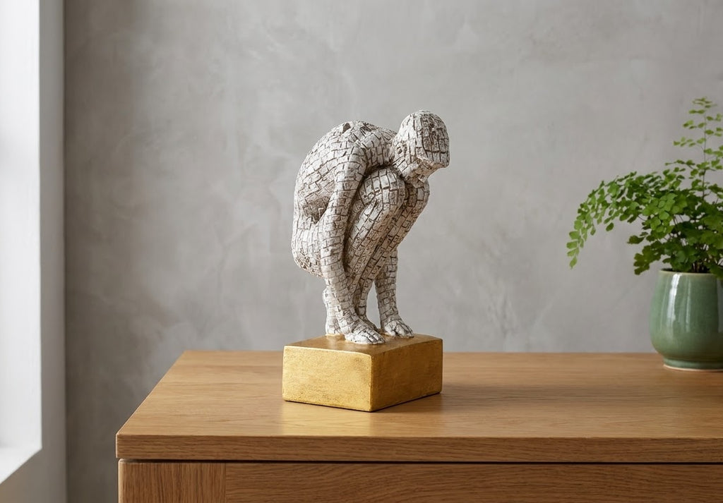 Quiet Strength mosaic figure sculpture in a minimalist interior