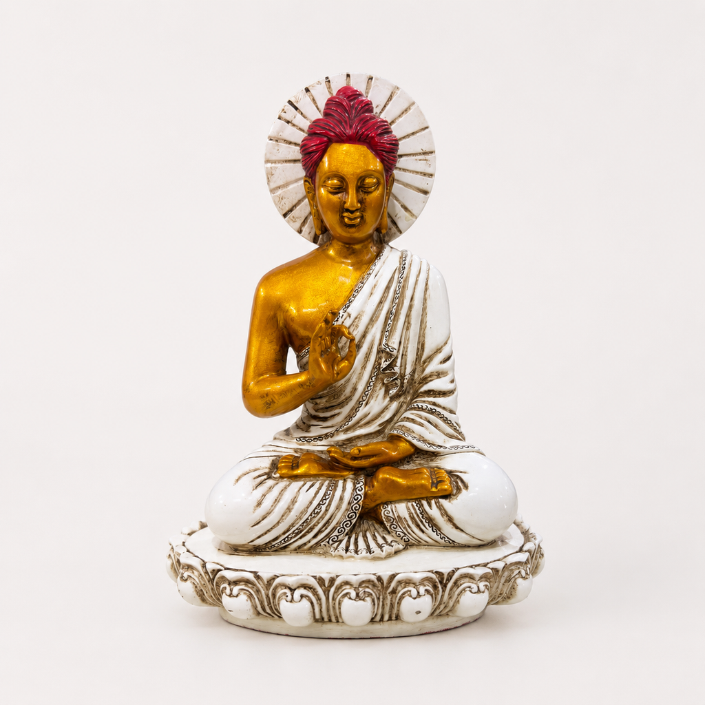 White, gold and red seated Buddha decorative statue, front view