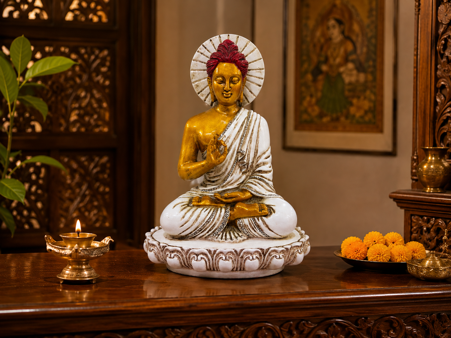 White, gold and red Buddha statue styled in a traditional interior