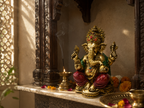 Ganesha idol displayed in a carved wooden shrine with flowers, a diya and incense