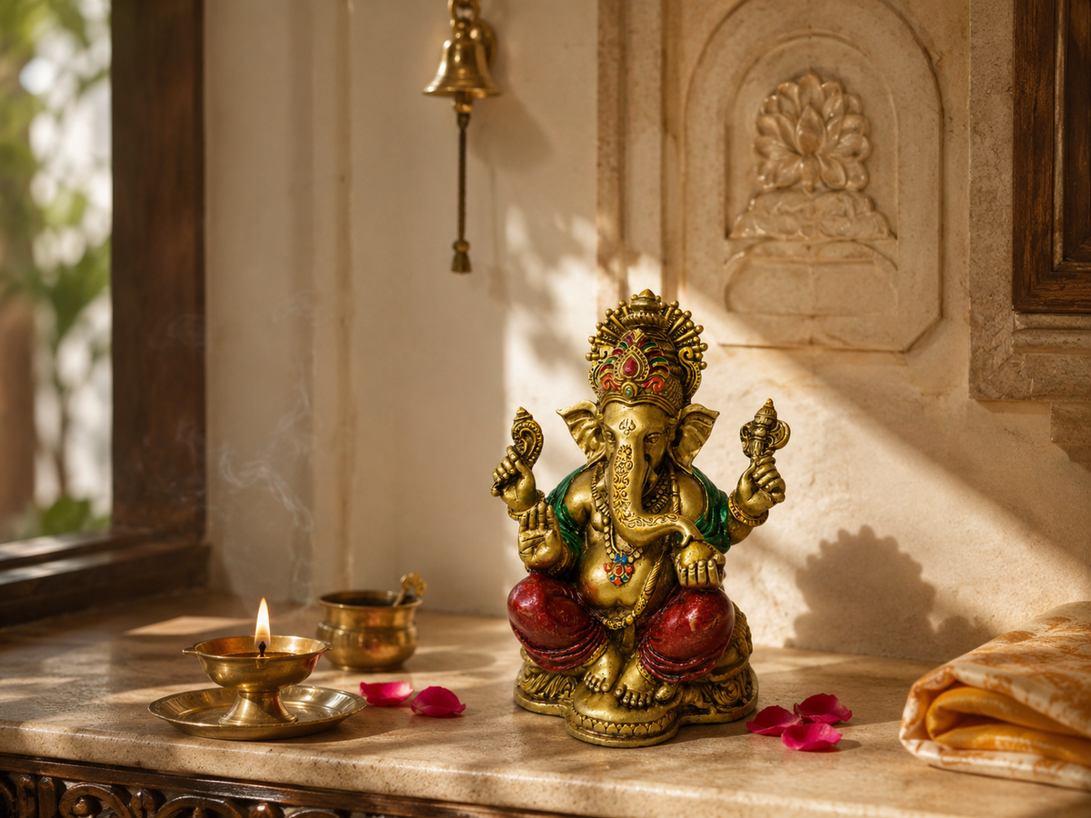 Ganesha idol in a warm prayer setting with a diya, bell, rose petals and folded cloth