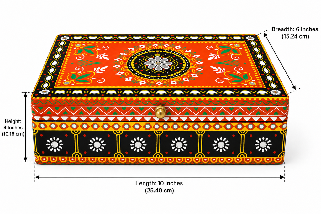 Rang Jyoti keepsake box dimensions: length 10 inches, breadth 6 inches and height 4 inches