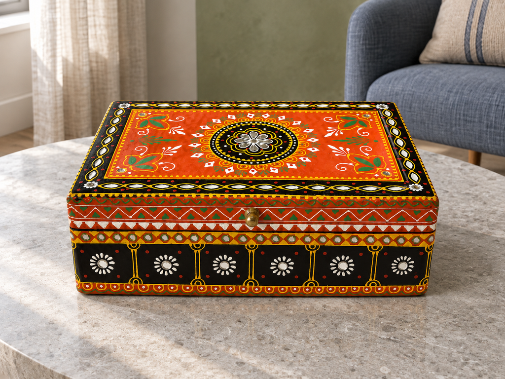 Rang Jyoti keepsake box displayed closed on a round stone table