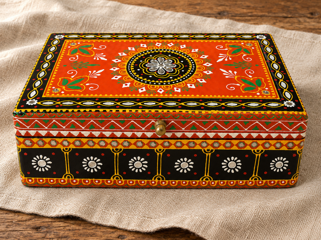 Rang Jyoti orange and black mirrorwork keepsake box displayed on a linen runner