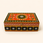 Rang Jyoti orange and black keepsake box with a floral mirrorwork lid and colourful painted borders