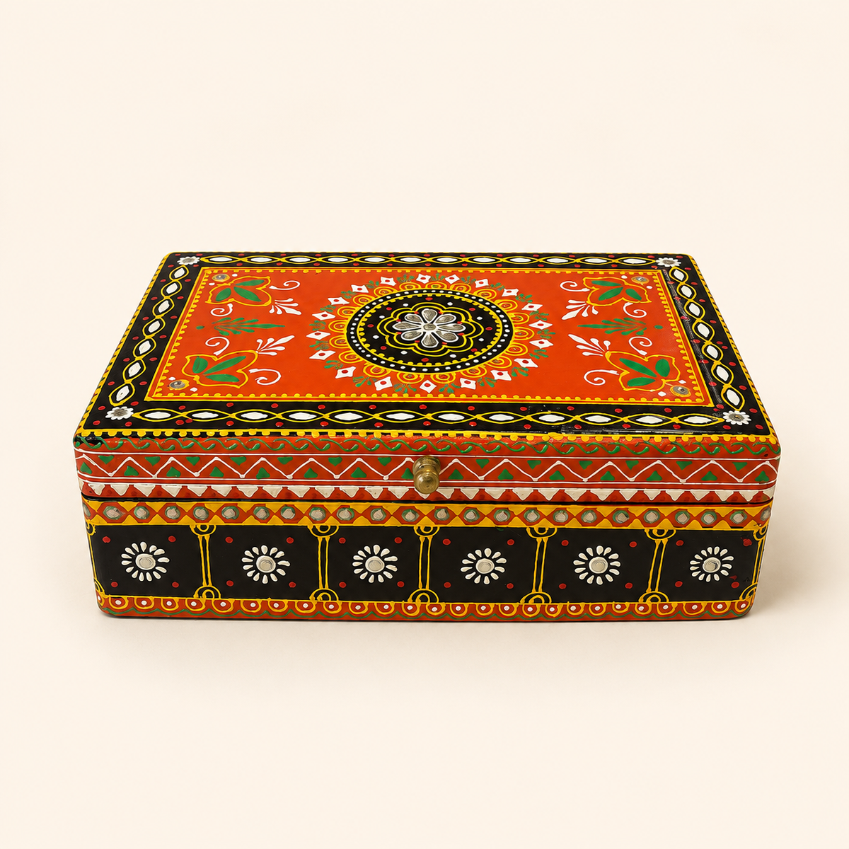 Rang Jyoti orange and black keepsake box with a floral mirrorwork lid and colourful painted borders