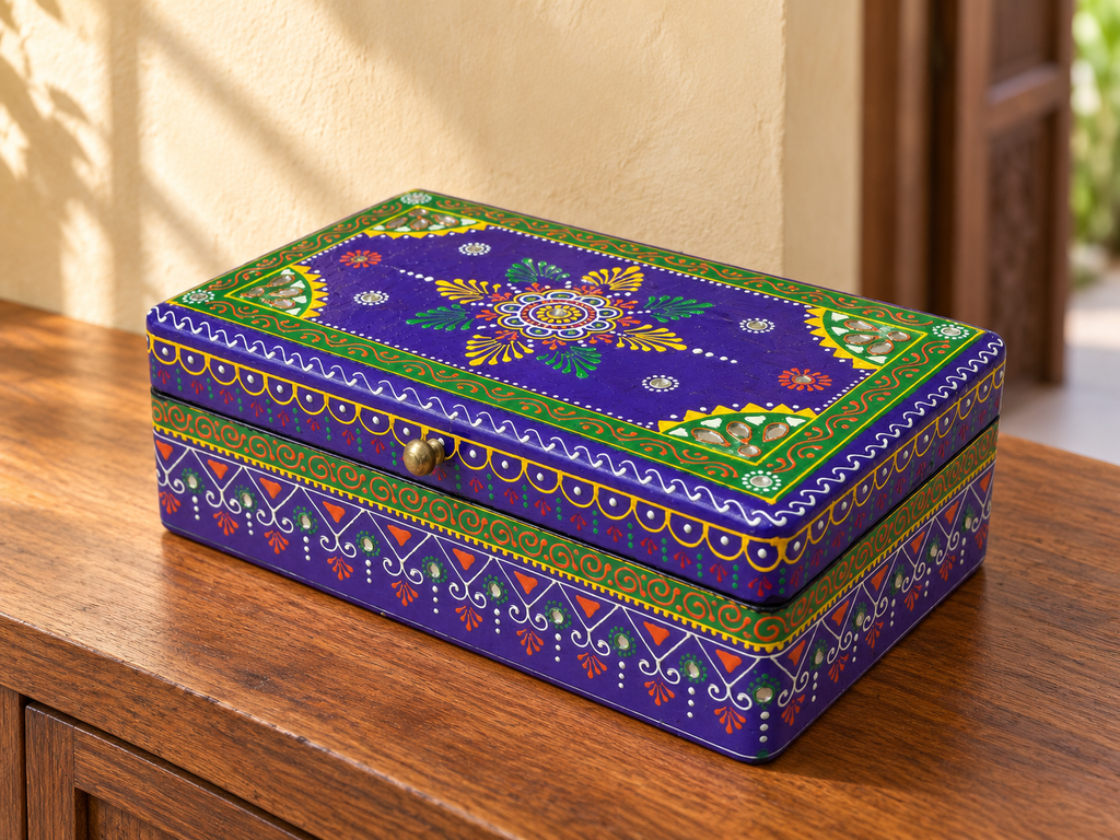 Purple and green Rang Leela keepsake box displayed on a wooden console in warm sunlight