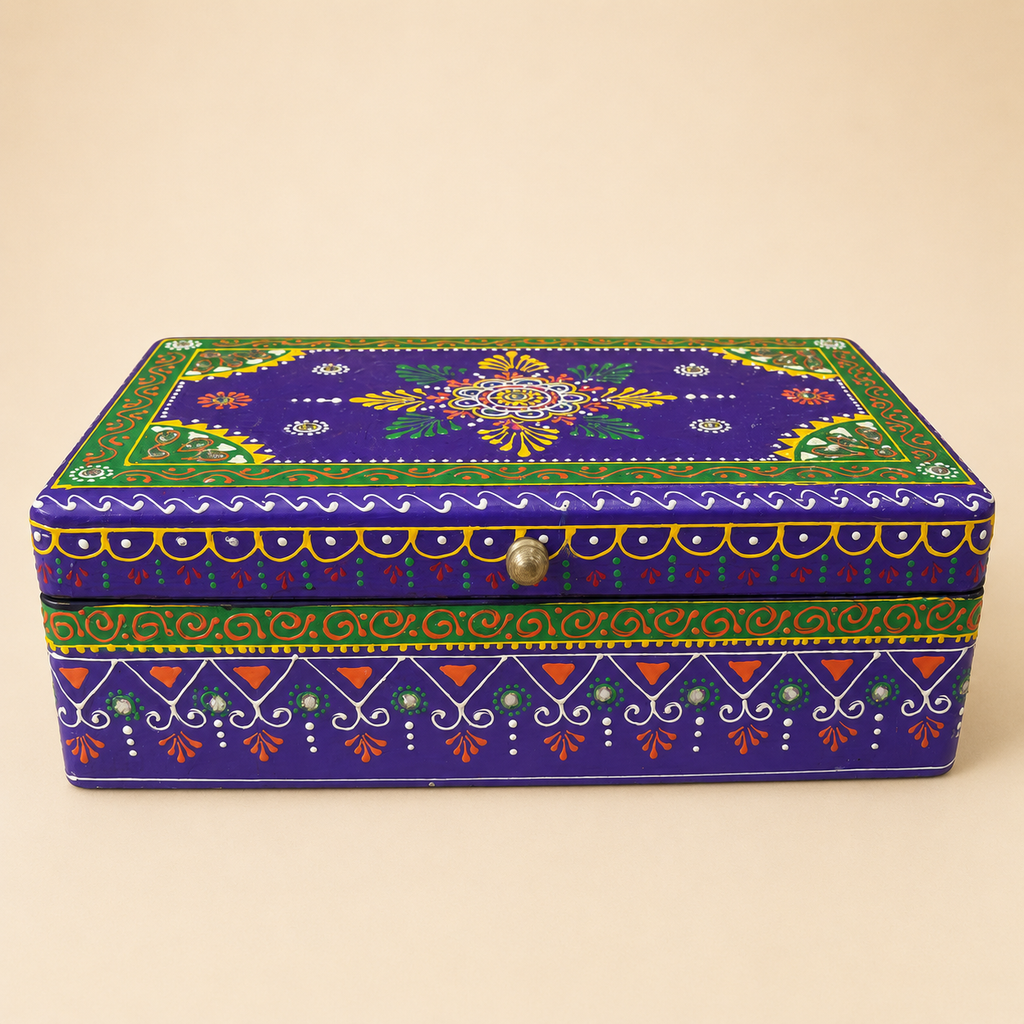 Rang Leela purple and green keepsake box with colourful floral motifs, mirror accents and a round metal knob