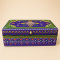 Rang Leela purple and green keepsake box with colourful floral motifs, mirror accents and a round metal knob