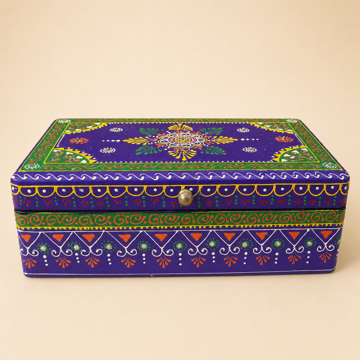 Rang Leela purple and green keepsake box with colourful floral motifs, mirror accents and a round metal knob