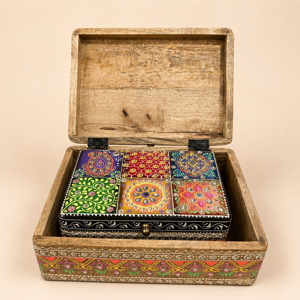 Rang Mahal set of two matching storage boxes, with the smaller box nested inside the open larger box
