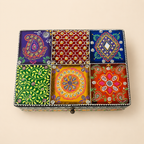 Top view of the Rang Mahal box showing paisley, floral and geometric panels with reflective accents