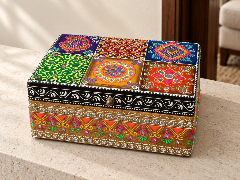Rang Mahal decorative storage box displayed on a stone console