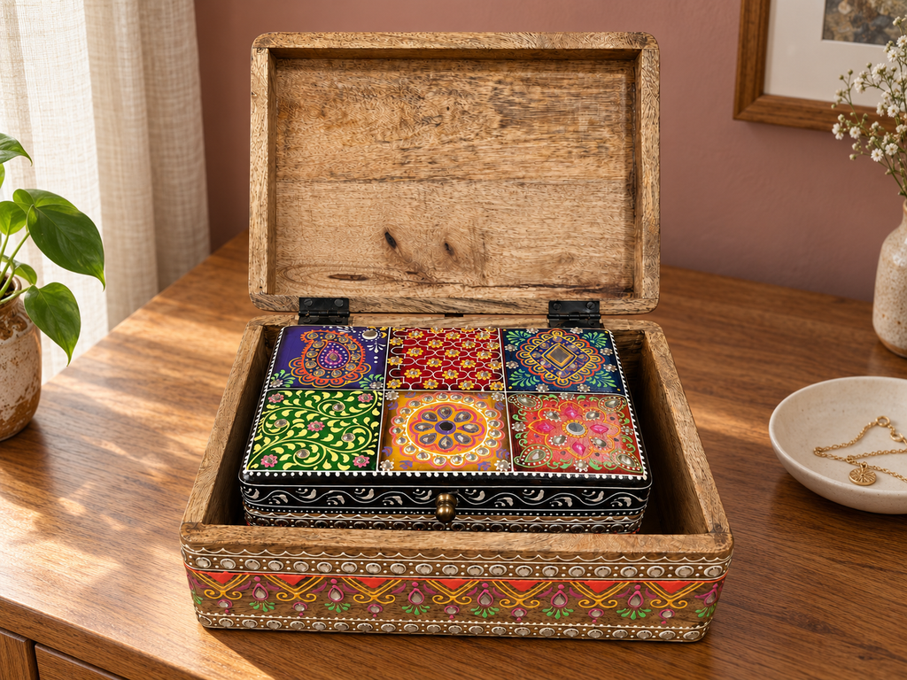 Open Rang Mahal larger box holding the matching smaller box on a wooden dressing table