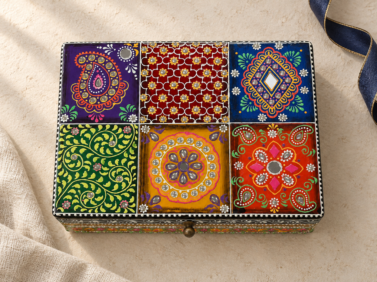 Overhead view of the Rang Mahal box showing all six decorative lid panels