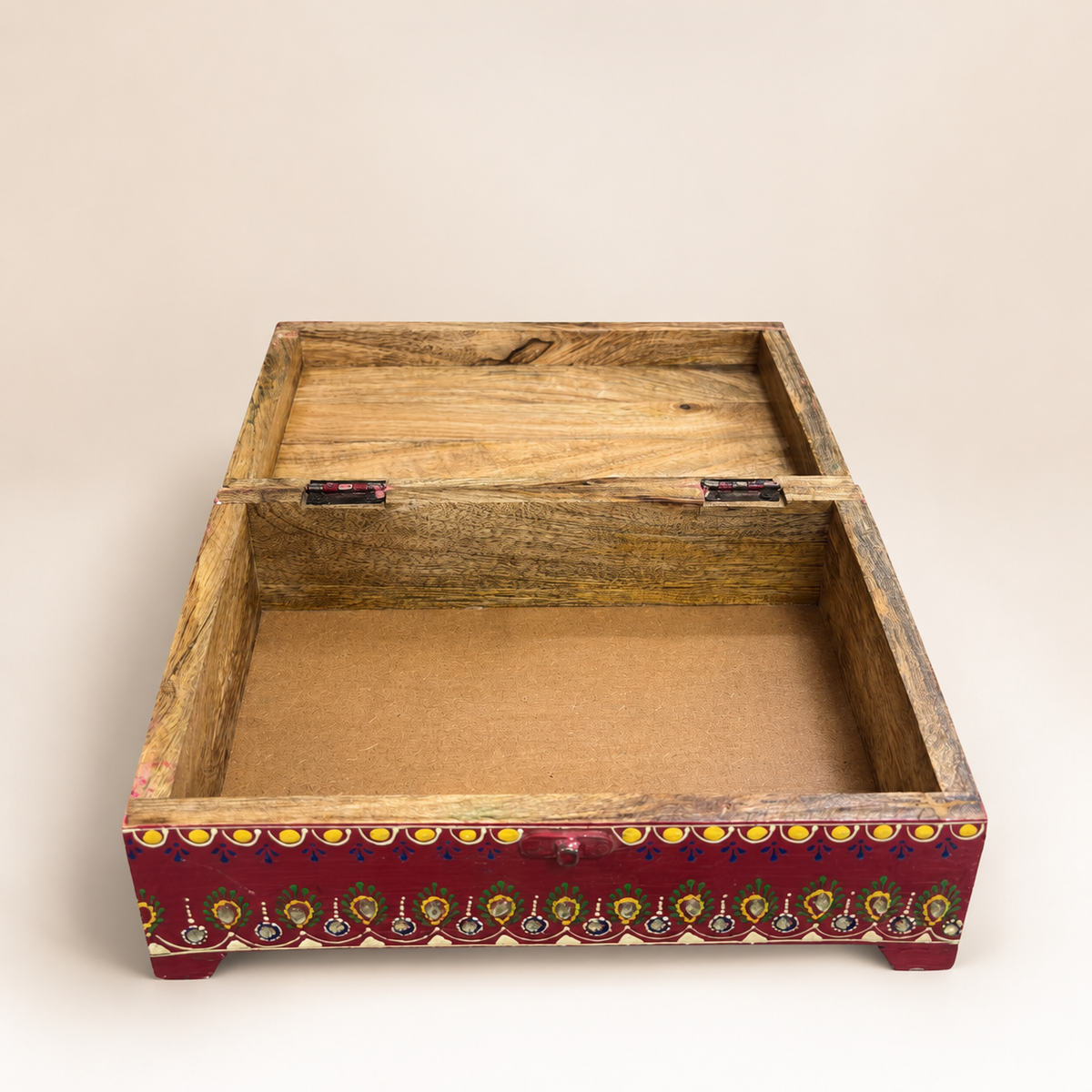 Open Rang Mahal keepsake chest showing a single compartment and visible wood grain on the inner sides and lid