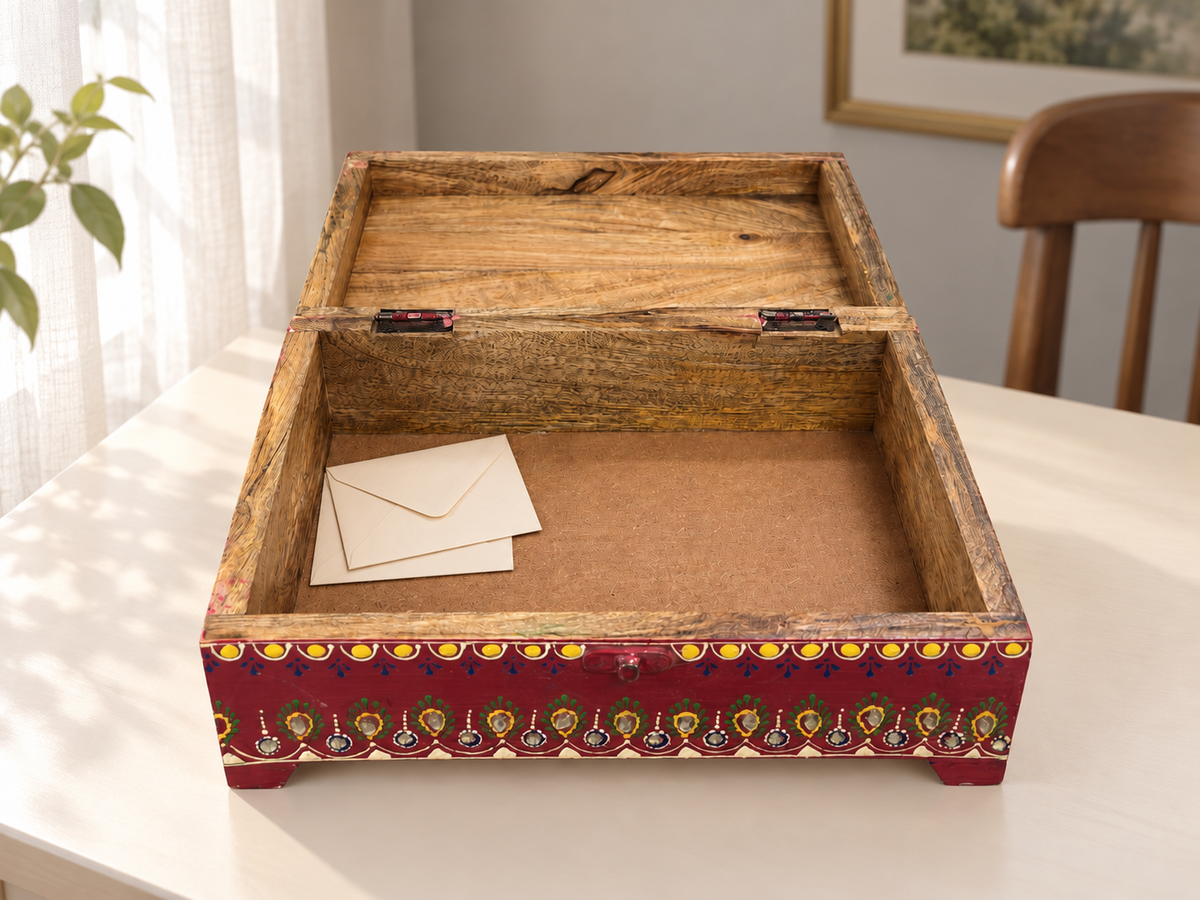 Open Rang Mahal red keepsake chest styled with envelopes beside a sunlit window