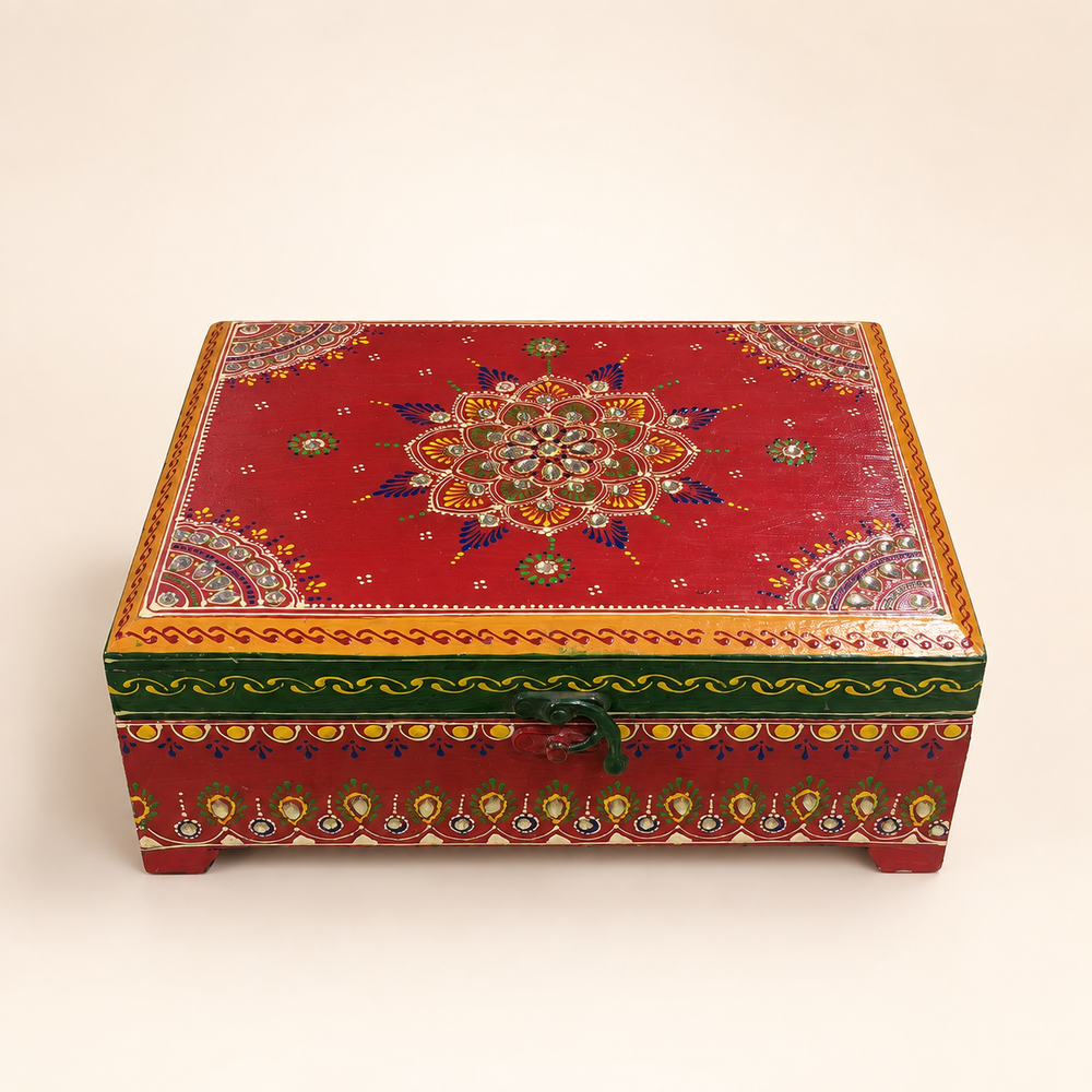 Rang Mahal red keepsake chest with floral mirror accents, yellow and green borders, front clasp and short feet