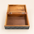 Open Rang Rekha keepsake box showing a single compartment and wood-grain interior