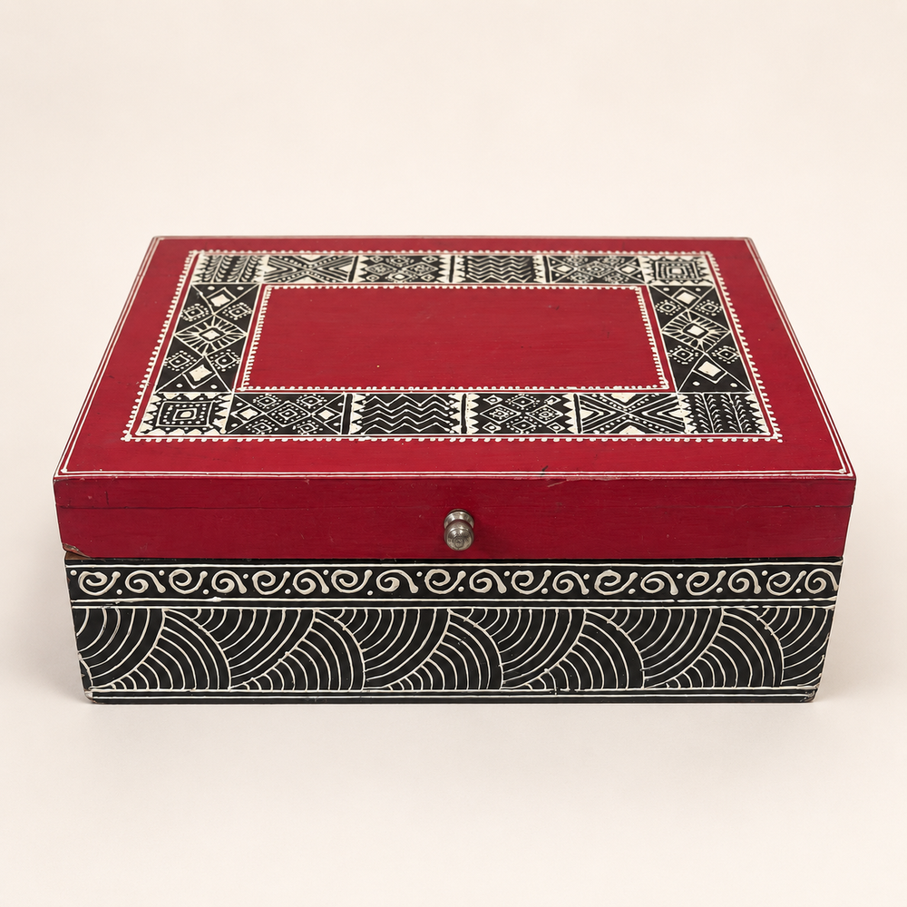 Rang Rekha red and black keepsake box with cream geometric lid patterns, front view