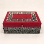 Rang Rekha red and black keepsake box with cream geometric lid patterns, front view