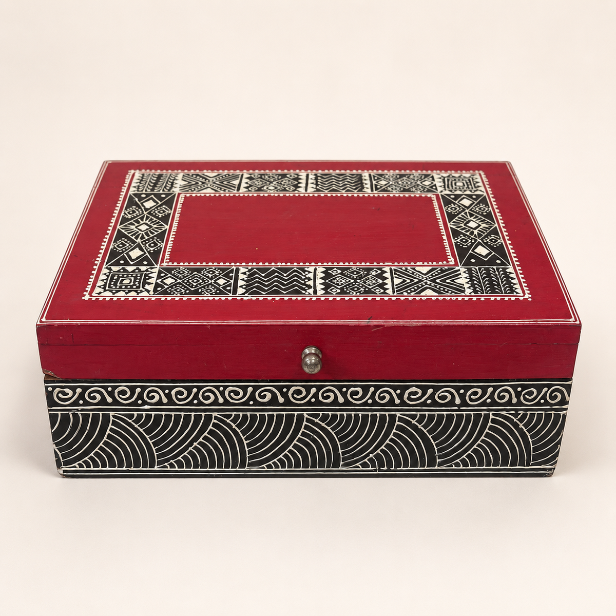 Rang Rekha red and black keepsake box with cream geometric lid patterns, front view