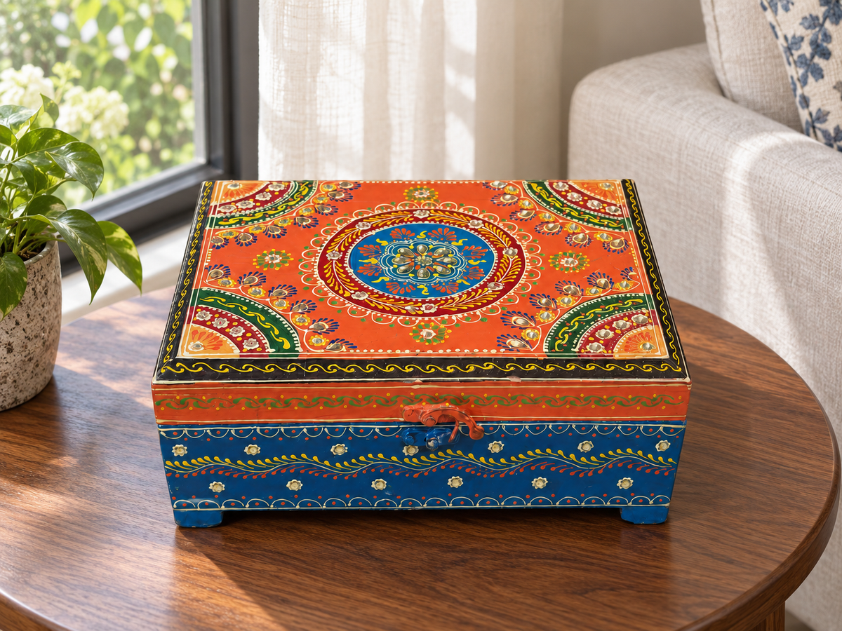 Rang Tarang orange and blue keepsake chest displayed on a round table beside a garden window