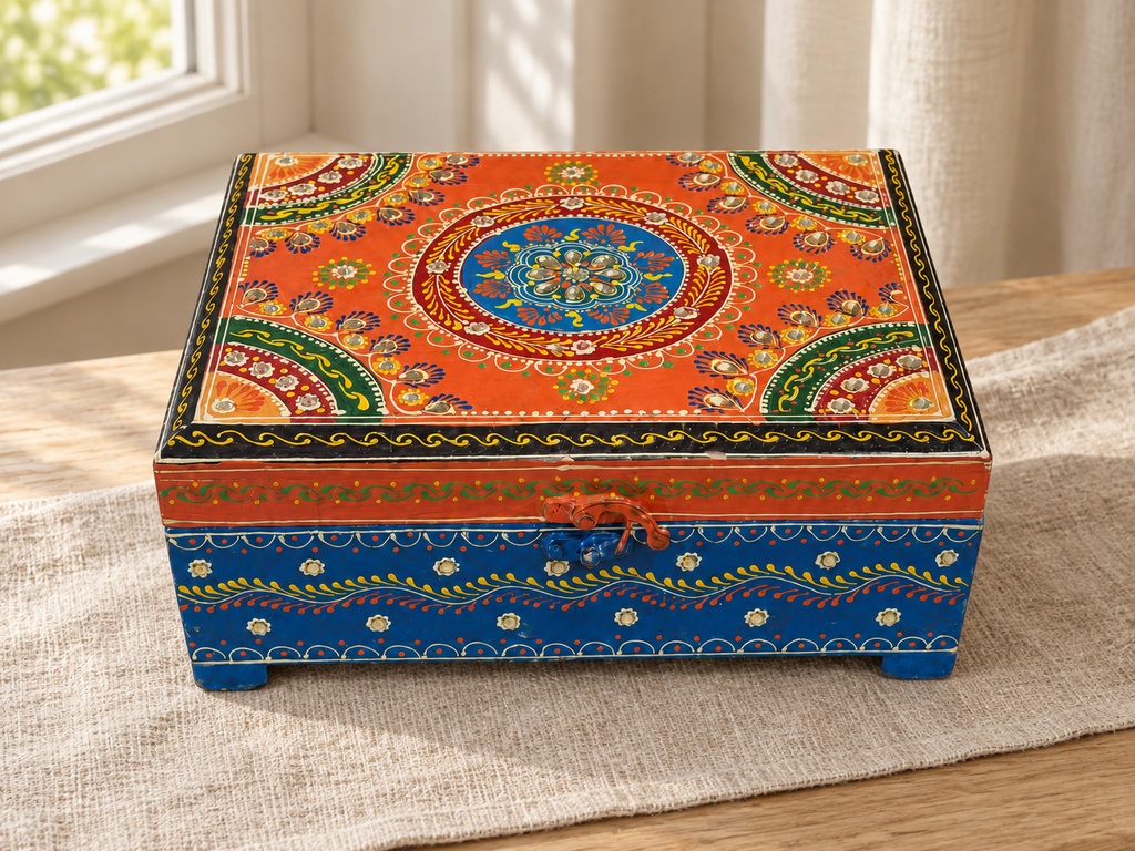 Rang Tarang chest with mirror accents and colourful floral patterns displayed on light fabric in window light