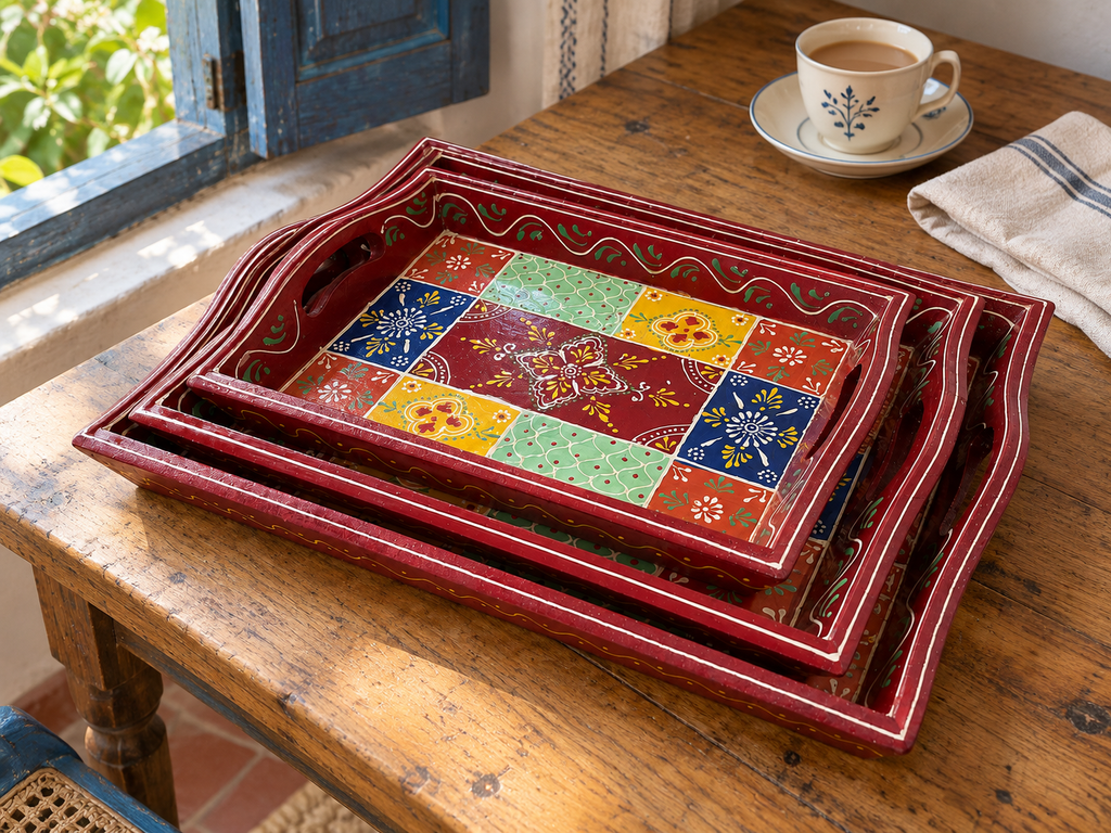 Multicolour floral nested tray set on a wooden table beside a blue shutter