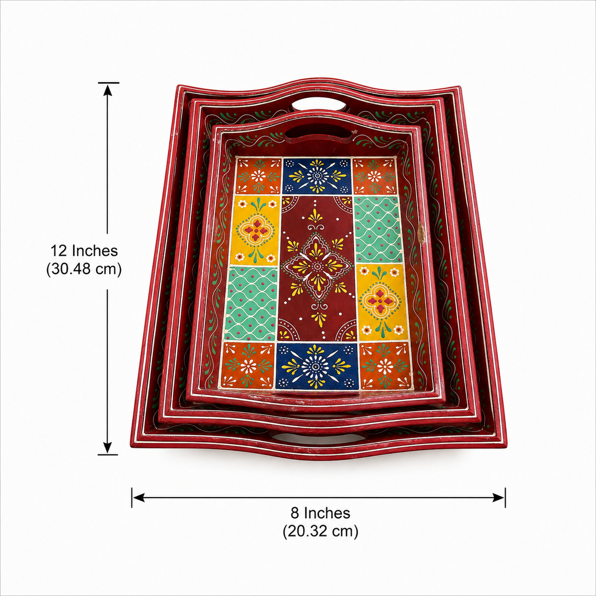Nested tray set size image showing the largest tray as 12 by 8 inches, 30.48 by 20.32 cm