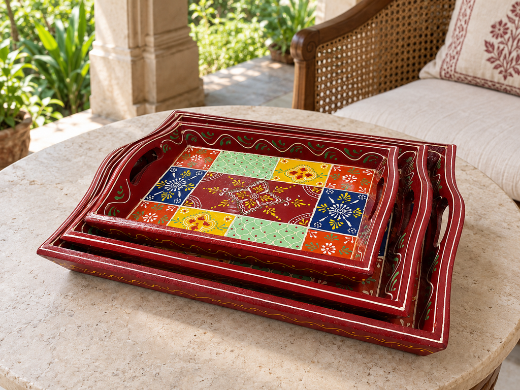 Rangoli Bloom tray set styled on a round table in a verandah