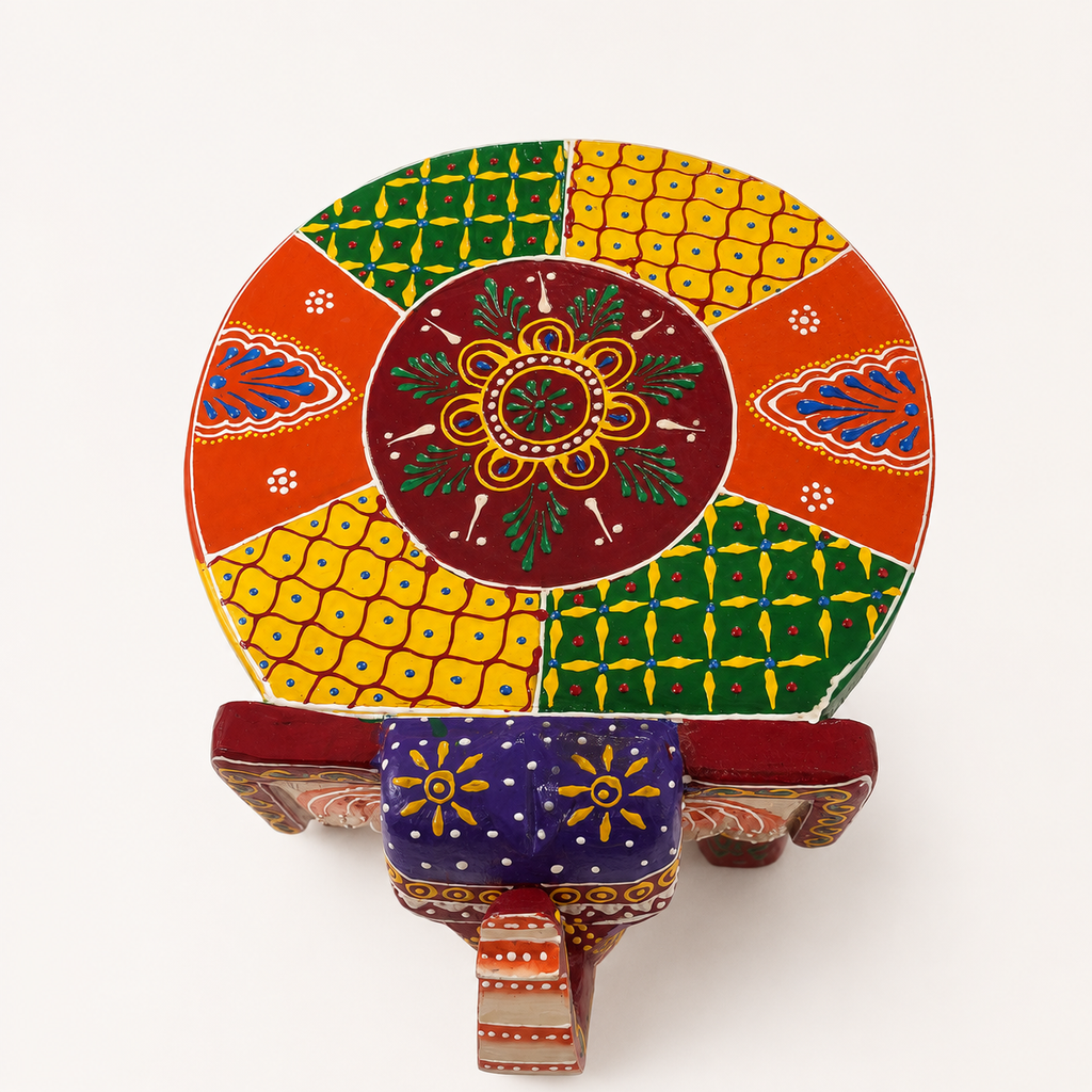Top view of the colourful patterned Rangoli Elephant Mini Decorative Stool