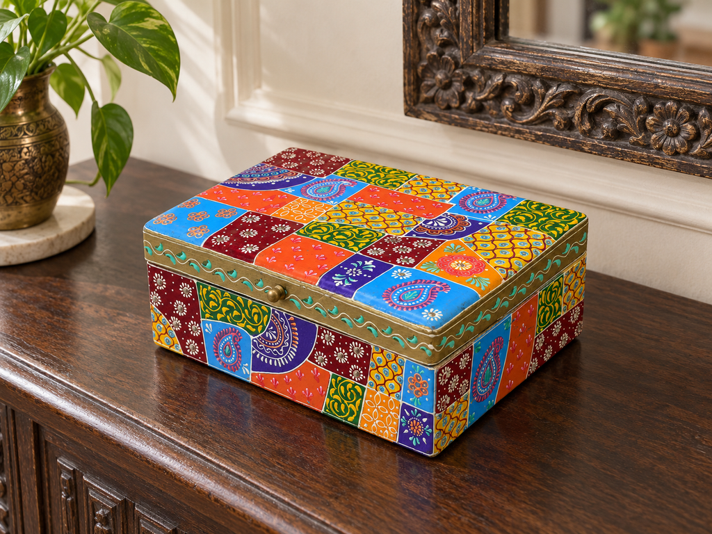 Decorative patchwork storage box on a wooden console beneath a carved mirror