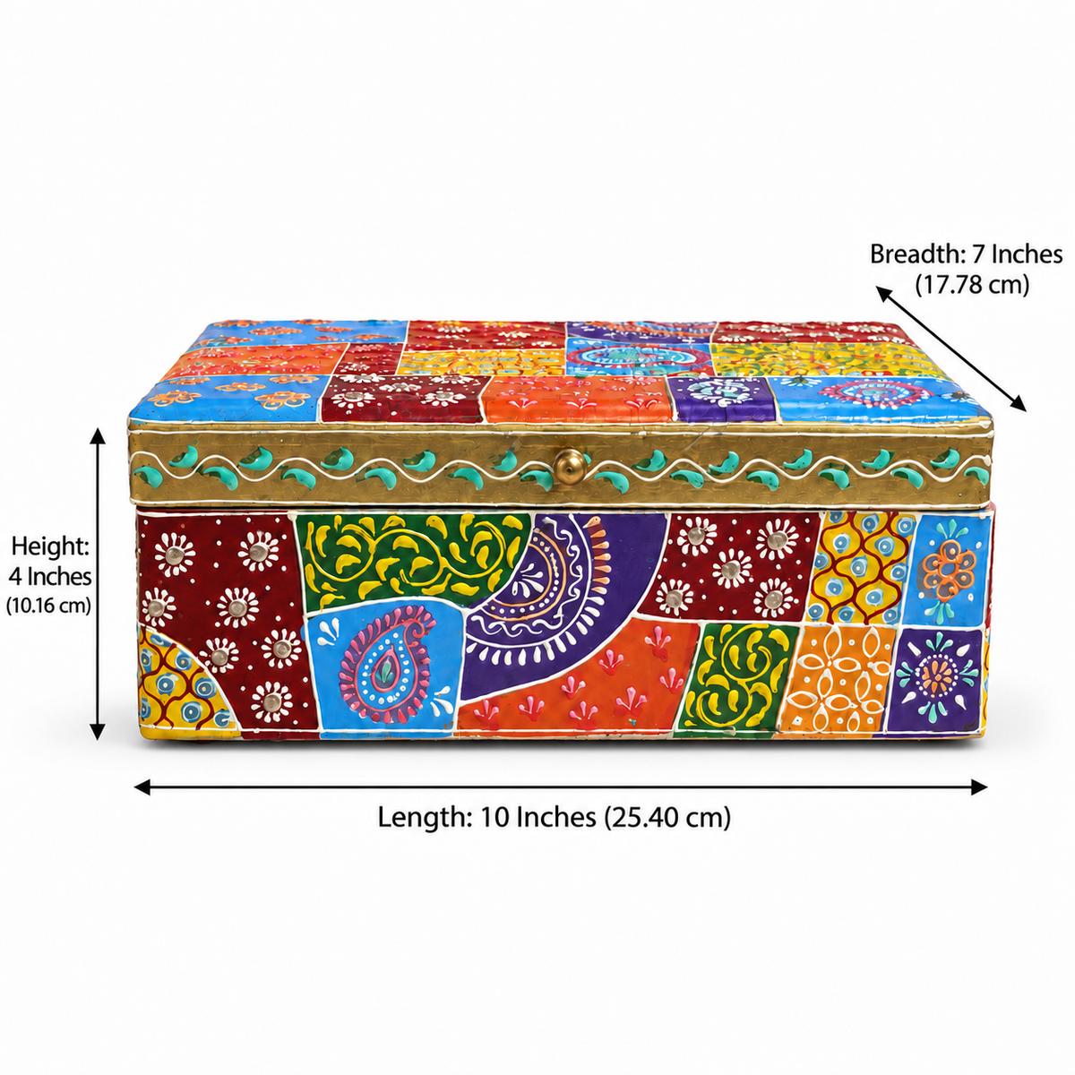 Larger storage box dimensions showing 10 inches long, 7 inches wide and 4 inches high, 25.40 by 17.78 by 10.16 cm