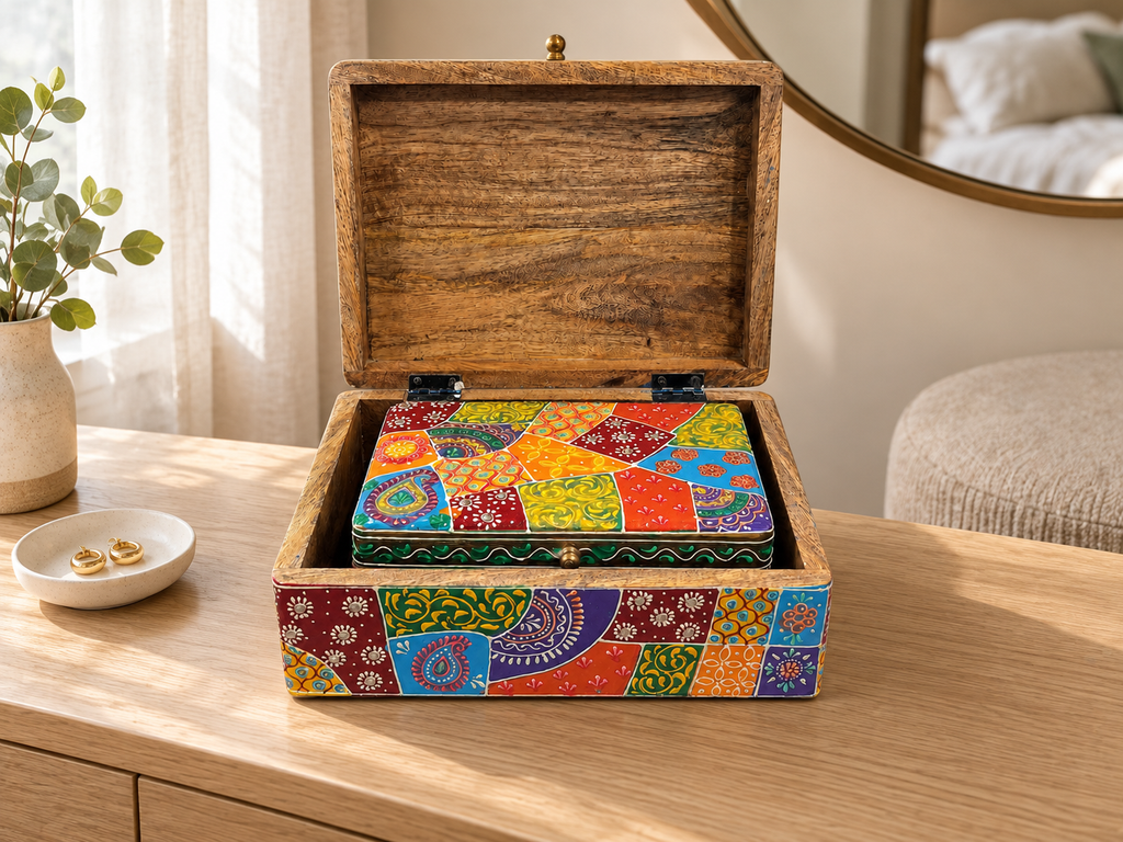 Open Rangoli Patchwork storage box with the smaller matching box nested inside, displayed on a dressing table