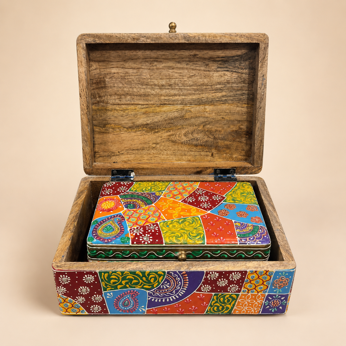 Set of two Rangoli Patchwork storage boxes, with the larger hinged box open to show the smaller matching box nested inside