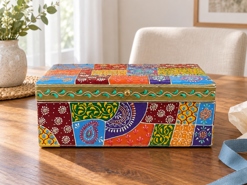 Multicolour Rangoli Patchwork storage box displayed on a sunlit wooden table beside a vase
