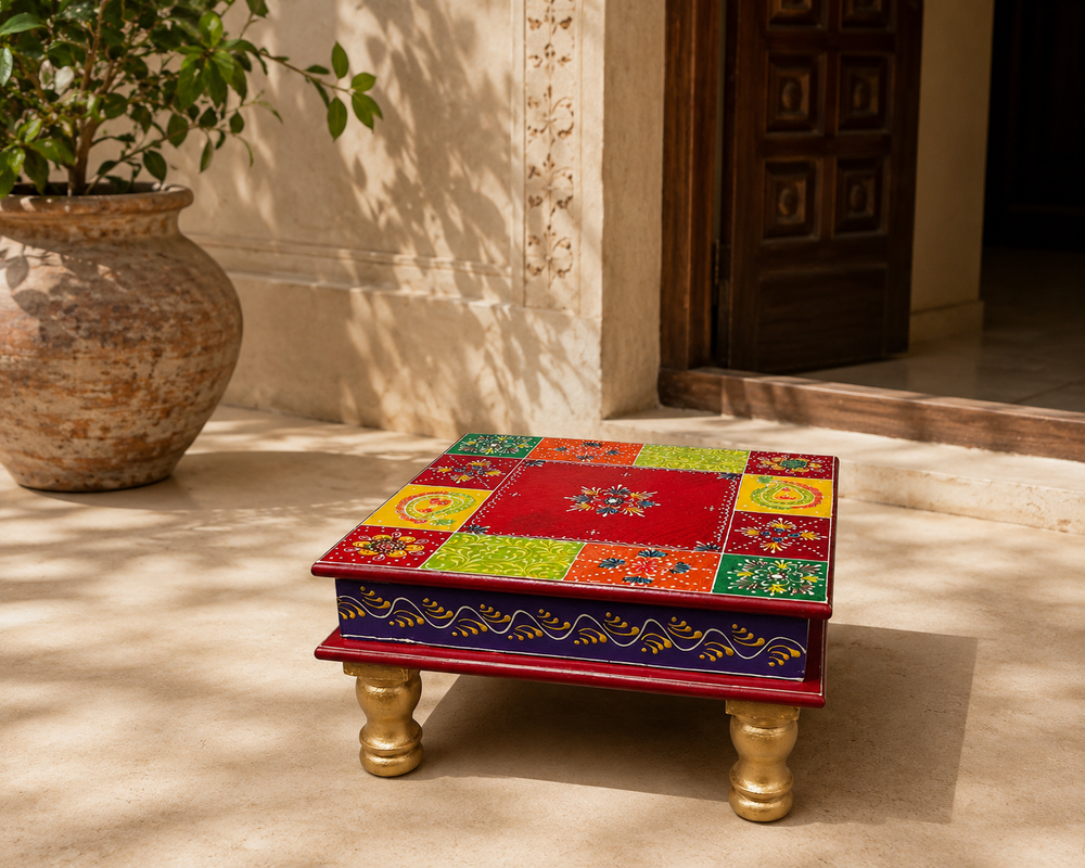 Rangoli Patchwork Square Decorative Chowki styled in a sunlit heritage-inspired interior