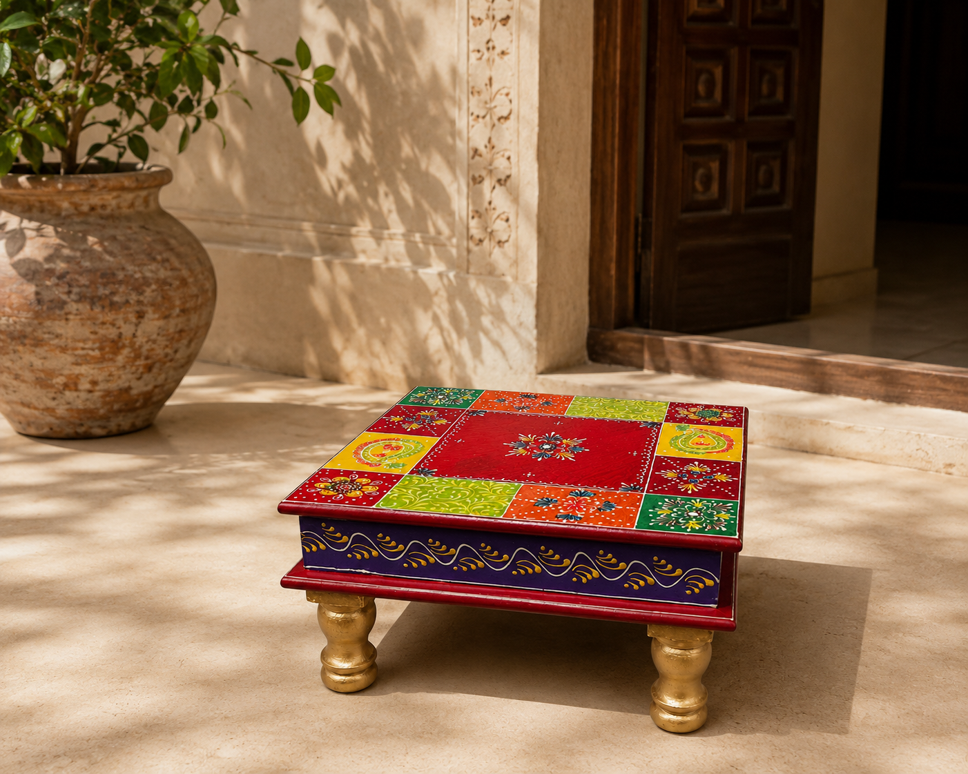 Rangoli Patchwork Square Decorative Chowki styled in a sunlit heritage-inspired interior