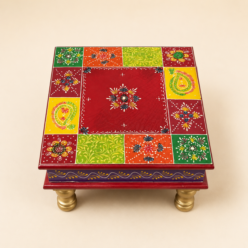 Top and front view of the multicolour Rangoli Patchwork Square Decorative Chowki