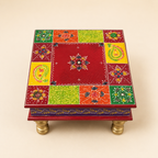 Top and front view of the multicolour Rangoli Patchwork Square Decorative Chowki