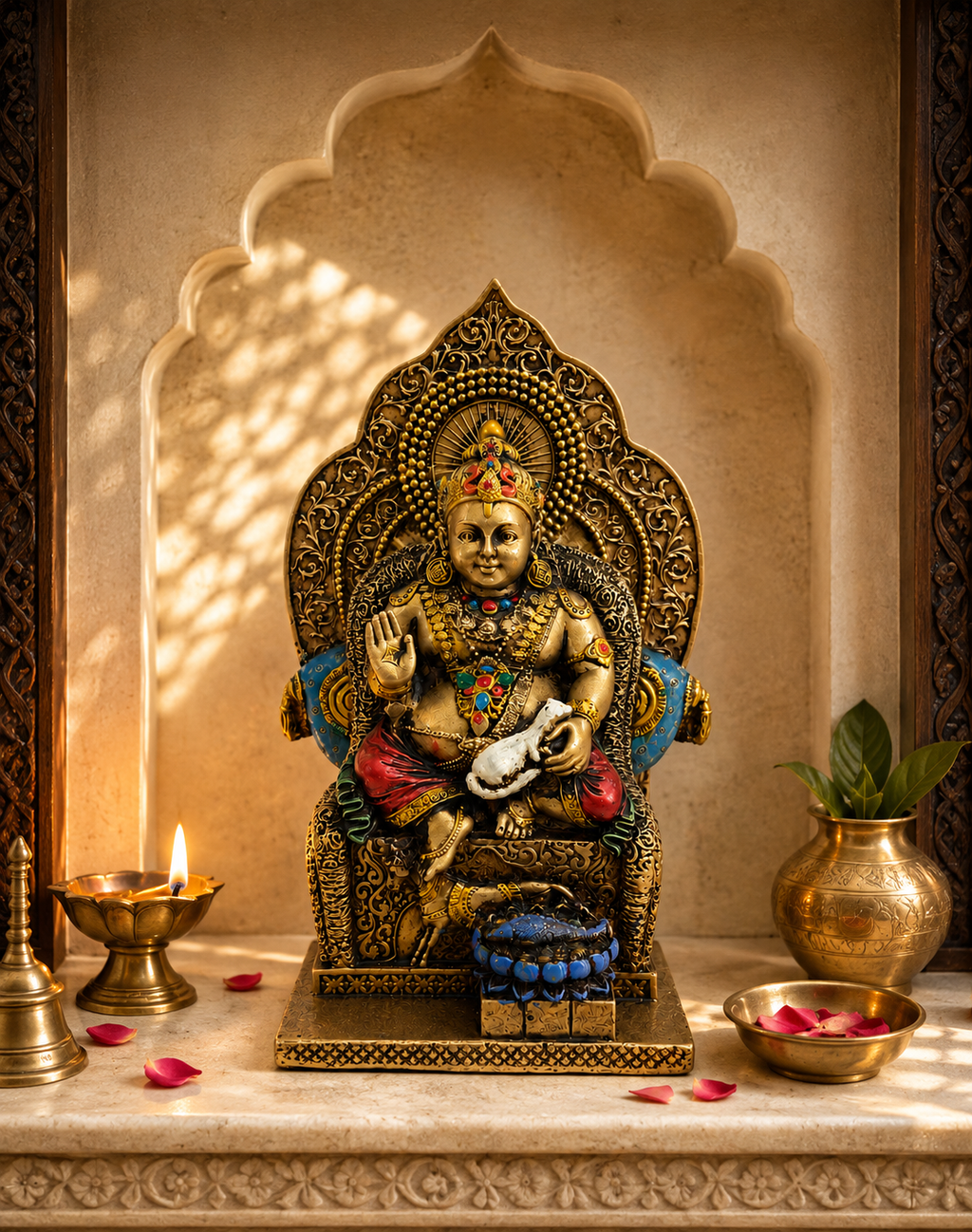 Lord Kuber idol displayed in a warm shrine with a diya, flowers and decorative vessels
