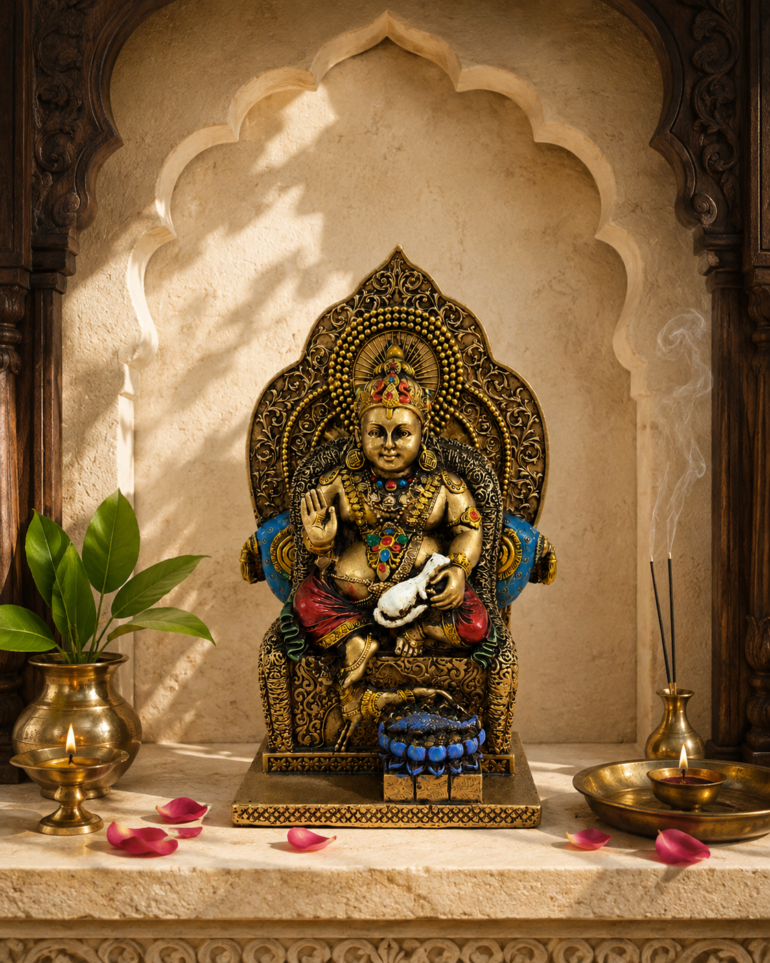 Lord Kuber idol in a sunlit prayer niche with lamps, incense and rose petals