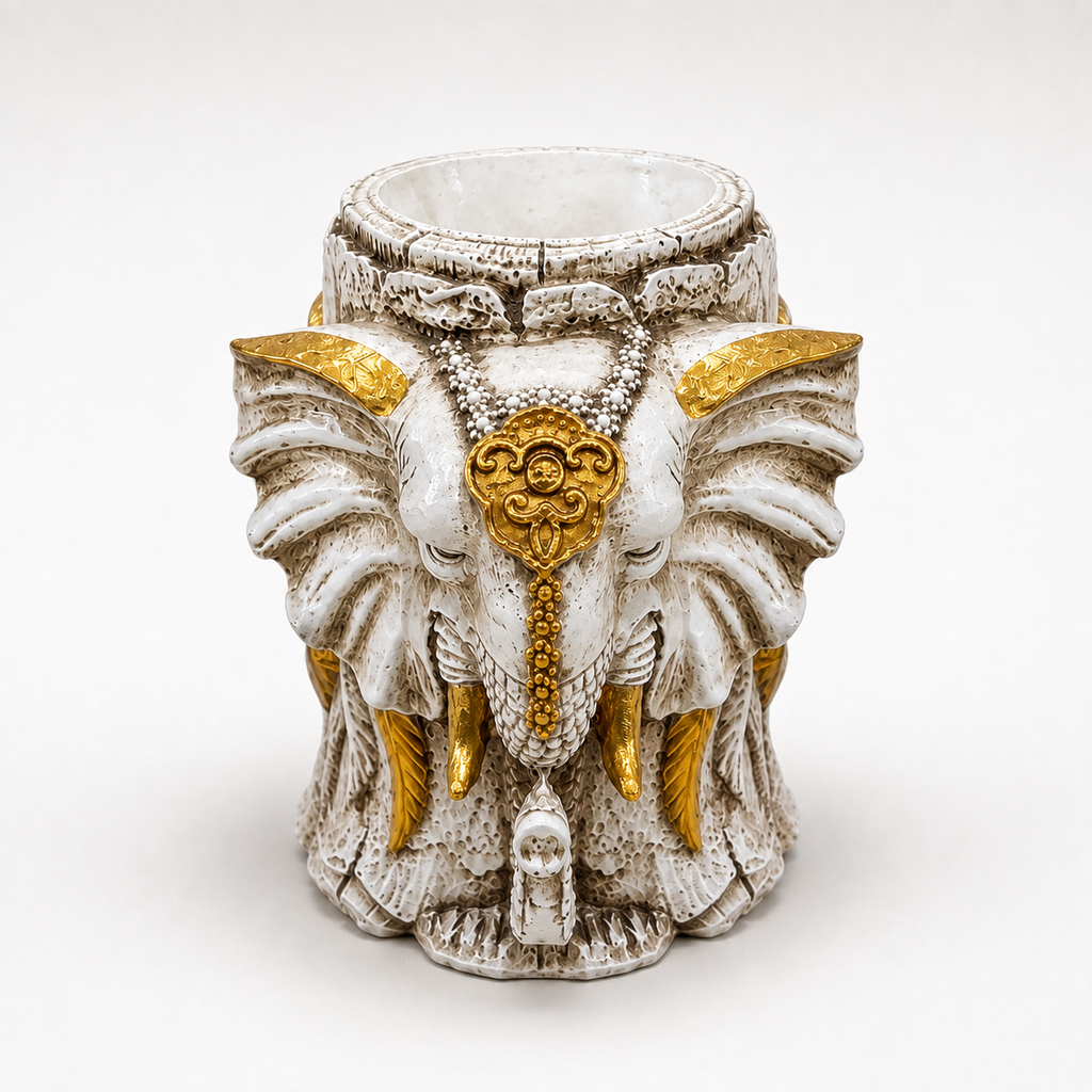 Regal Elephant ivory and gold pen and brush holder, front view