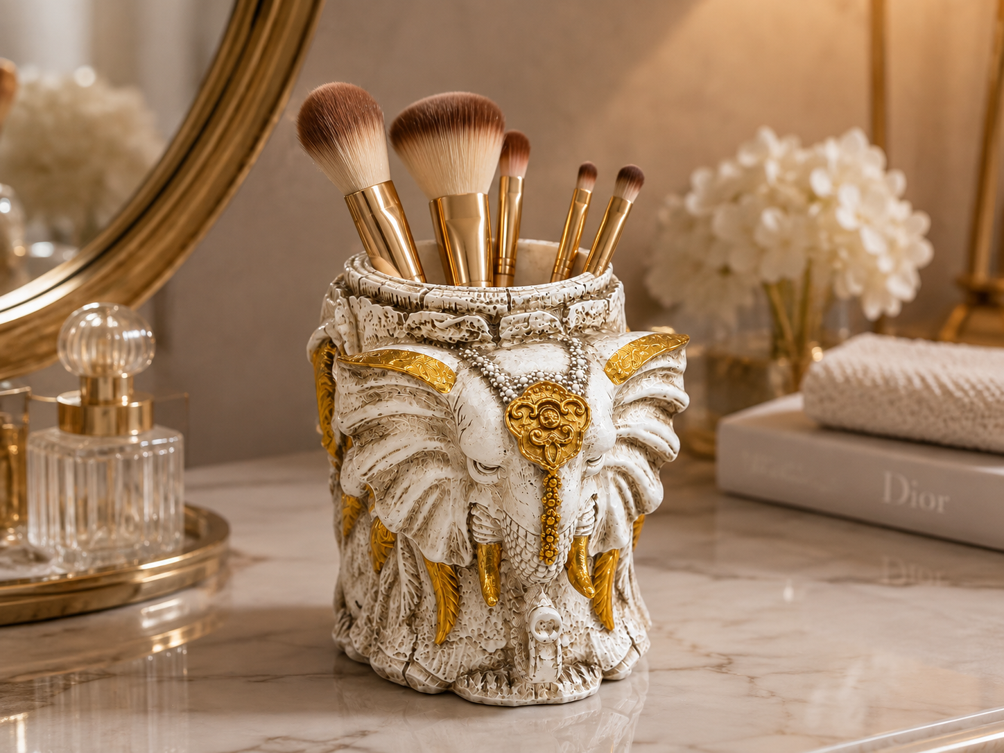 Regal Elephant ivory and gold holder styled with makeup brushes
