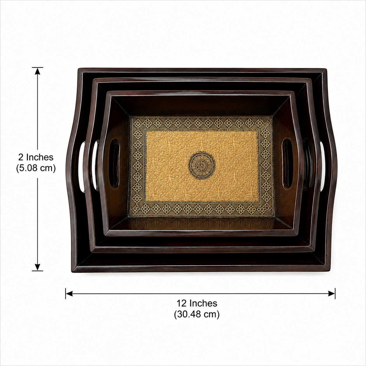 Regal Mandala Gold-Tone Nested Trays largest tray dimensions: 12 inches and 2 inches