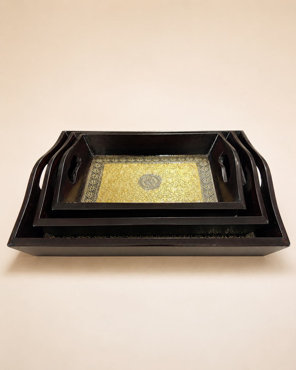 Regal Mandala Gold-Tone Nested Trays set of three front view