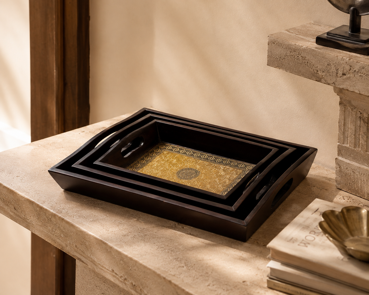 Regal Mandala Gold-Tone Nested Trays styled on a console